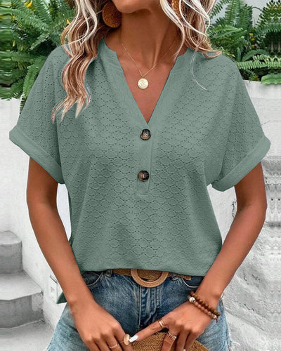 Marceau Toronto | Blouse décontractée à col en V, couleur unie, avec boutons